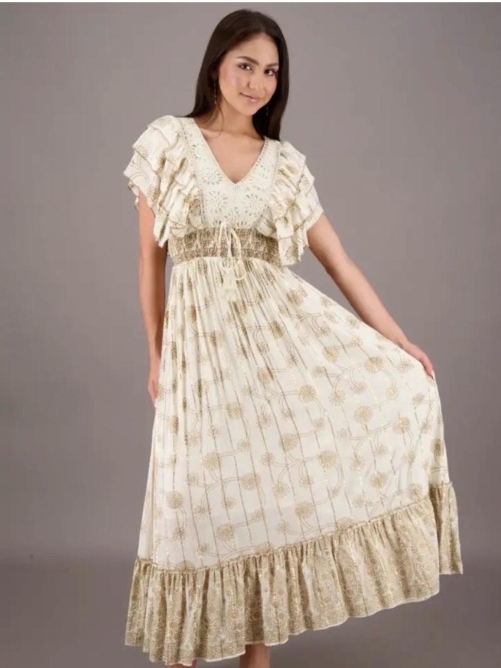 Anantā Boho Cream Floral Maxi Dress with Ruffle V-Neck, Size 1X / 2X -Runs small